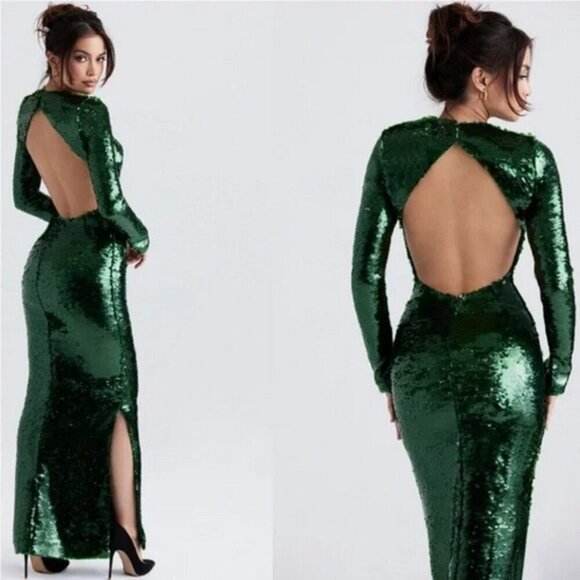 HOUSE OF CB Belle Pine Green Sequin Open Back Long Sleeve Dress